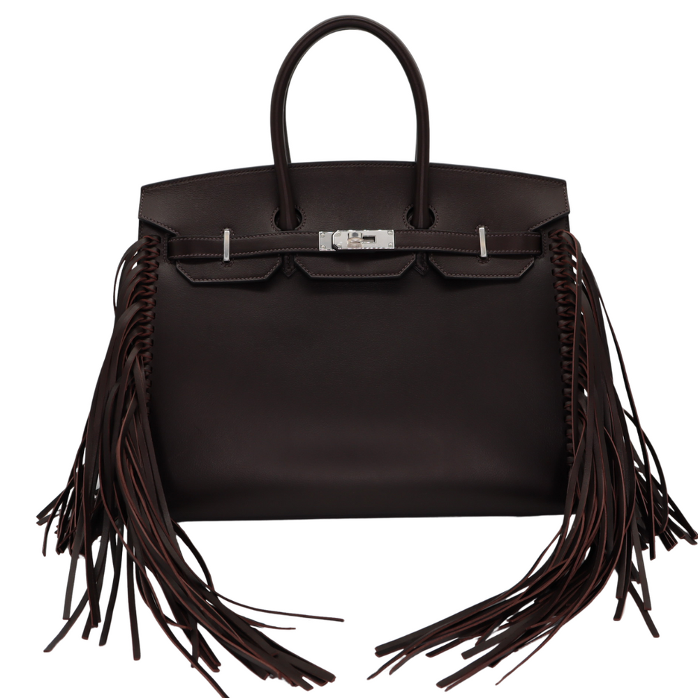 Hermes 35cm Birkin Sellier Anate Fringe Ebene Evergrain Leather Prive Porter