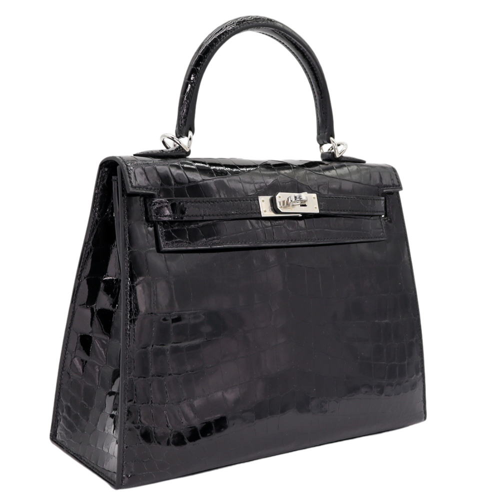 Hermès 25cm Kelly Sellier Black Shiny Niloticus Crocodile