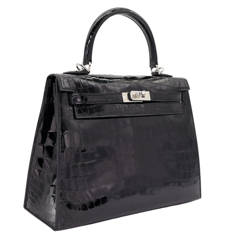 Hermès 25cm Kelly Sellier Black Shiny Niloticus Crocodile Palladium Hardware