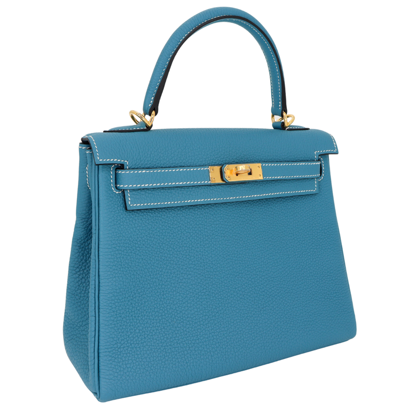 Hermès 25cm Kelly Retourne Bleu Jean Togo Leather Gold Hardware