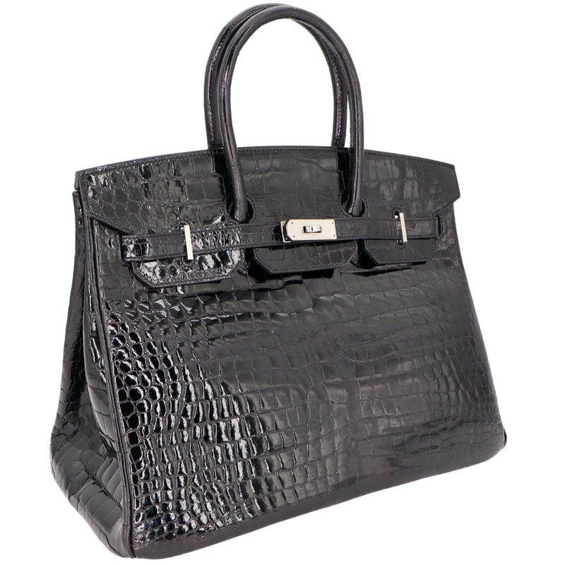 Hermès 35cm Birkin Black Shiny Porosus Crocodile Palladium Hardware