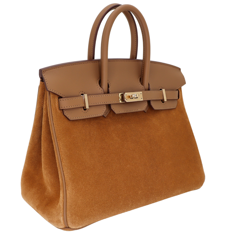 Hermès 25m Birkin Grizzly Gold/Alezan Suede/Swift Leather Gold Hardware