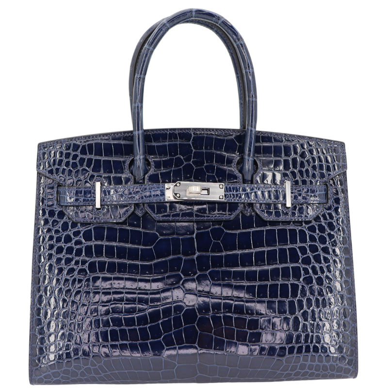 Hermès 30cm Birkin Sellier Bleu Saphir Shiny Porosus Crocodile Palladium Hardware