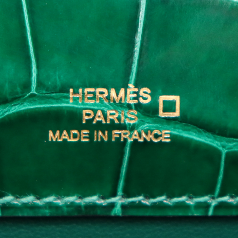 美品✨HERMES HERMESグリーンレザー折りたたみケース Hermès Kelly Pochette Emerald Shiny Alligator Gold Hardware