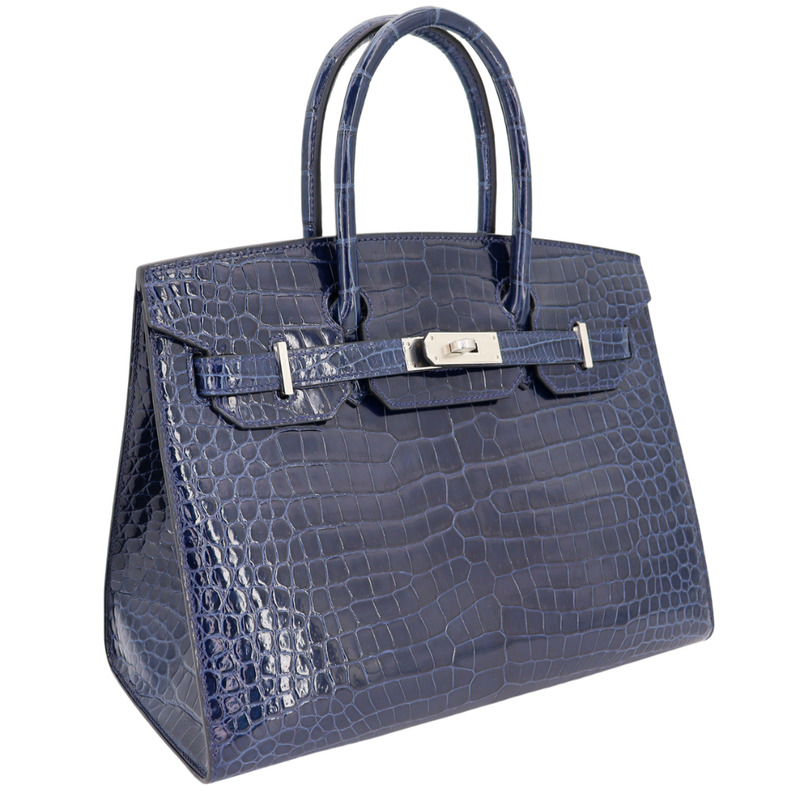 Hermès 30cm Birkin Sellier Bleu Saphir Shiny Porosus Crocodile Palladium Hardware