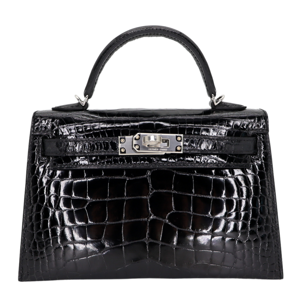 希少 HERMES エルメス バングル クロコダイル レザー ブラック Hermès Kelly II Sellier Mini Black Shiny Alligator GHW exclusive