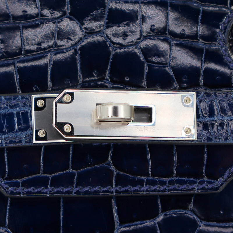 Hermès 30cm Birkin Sellier Bleu Saphir Shiny Porosus Crocodile Palladium Hardware