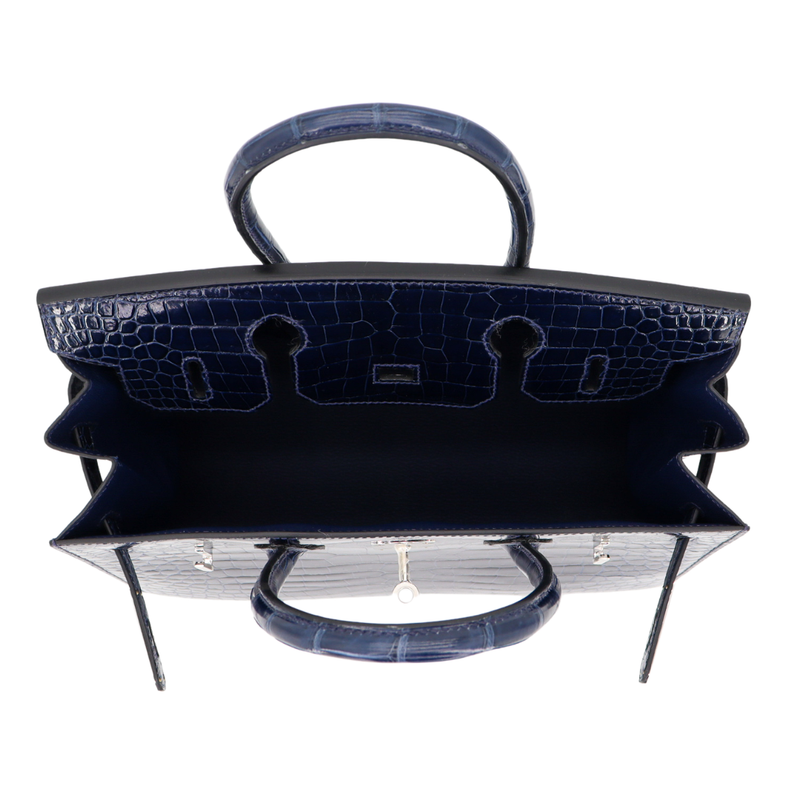 Hermès 30cm Birkin Sellier Bleu Saphir Shiny Porosus Crocodile Palladium Hardware