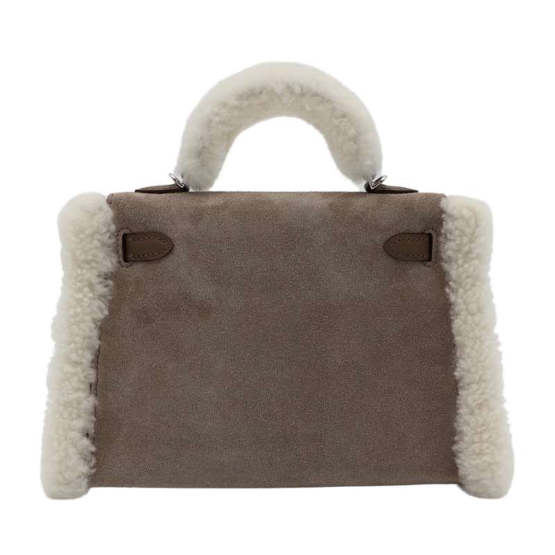 Hermès Kelly Mini Teddy Plush Shearling Gris Caillou/Etoupe Palladium Hardware