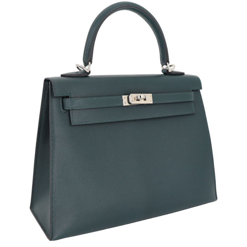 Hermès 25cm Kelly Sellier Vert Cypress Chèvre Leather Palladium Hardware