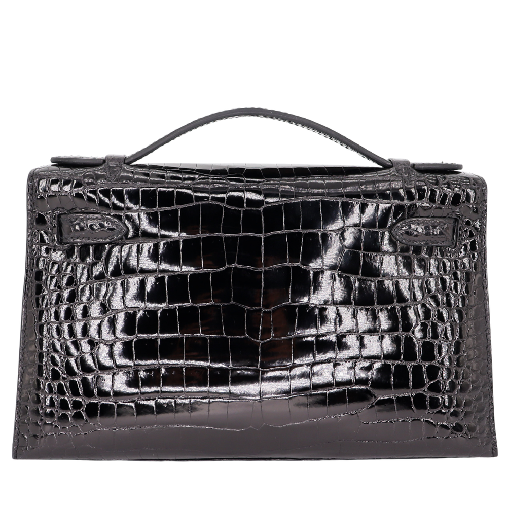 Hermès Kelly Pochette Black Shiny Porosus Crocodile Gold Hardware