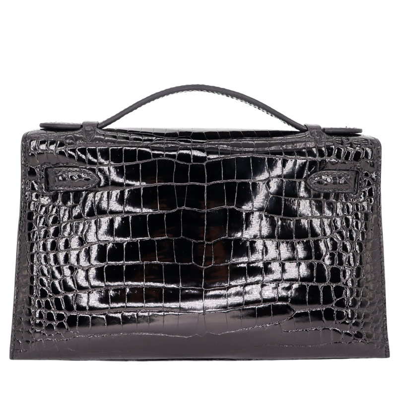 Hermès Kelly Pochette Black Shiny Porosus Crocodile Gold Hardware