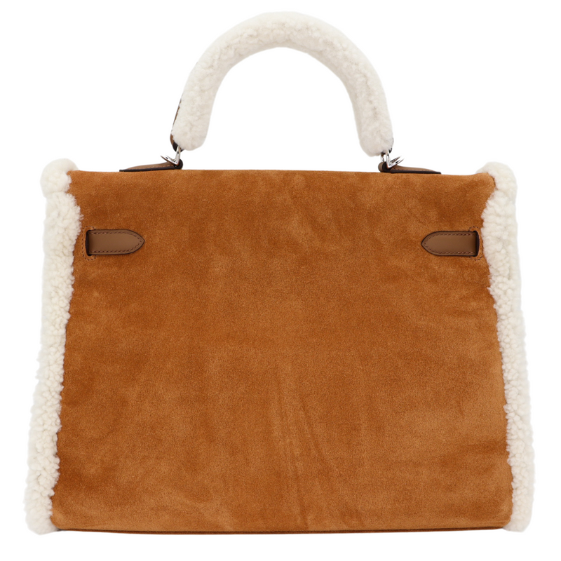 Hermès 35cm Kelly Grizzly Teddy Chamois/Ecru/Alezan Suede Leather Palladium Hardware