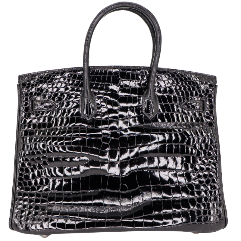 Hermès 35cm Birkin Black Shiny Porosus Crocodile Palladium Hardware