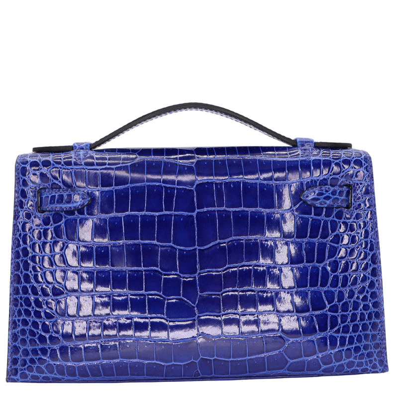 Hermès Kelly Pochette Bleu Electrique Shiny Porosus Crocodile Gold Hardware