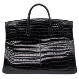 Hermès 50cm Birkin Black Shiny Porosus Crocodile Palladium Hardware