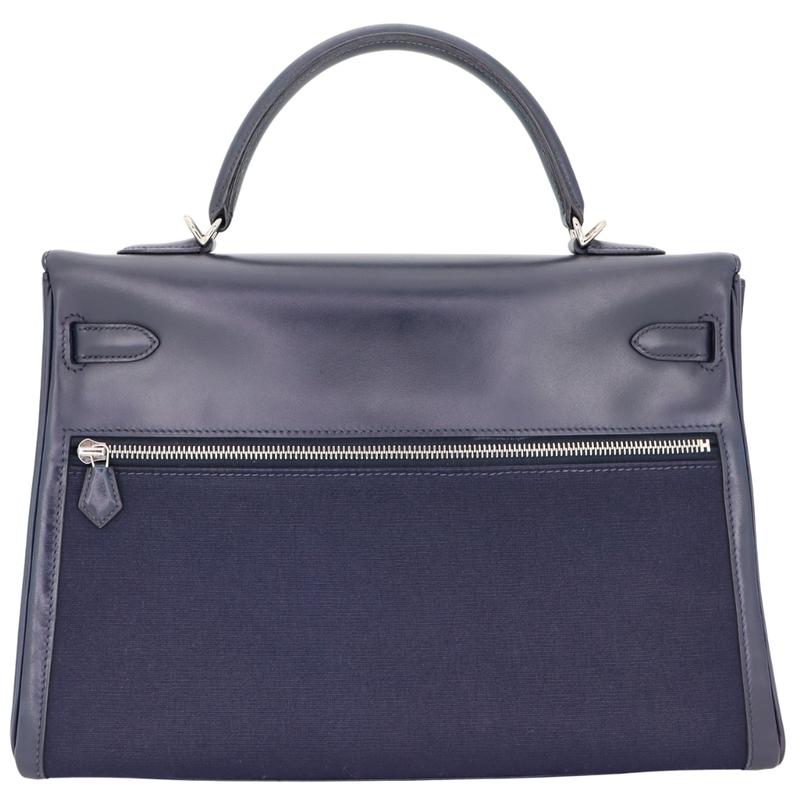 Hermès 35cm Kelly Lakis Bleu Marine Toile/Box Calf Leather Palladium Hardware
