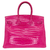 Hermès 35cm Birkin Rose Scheherazade Shiny Porosus Crocodile Gold Hardware