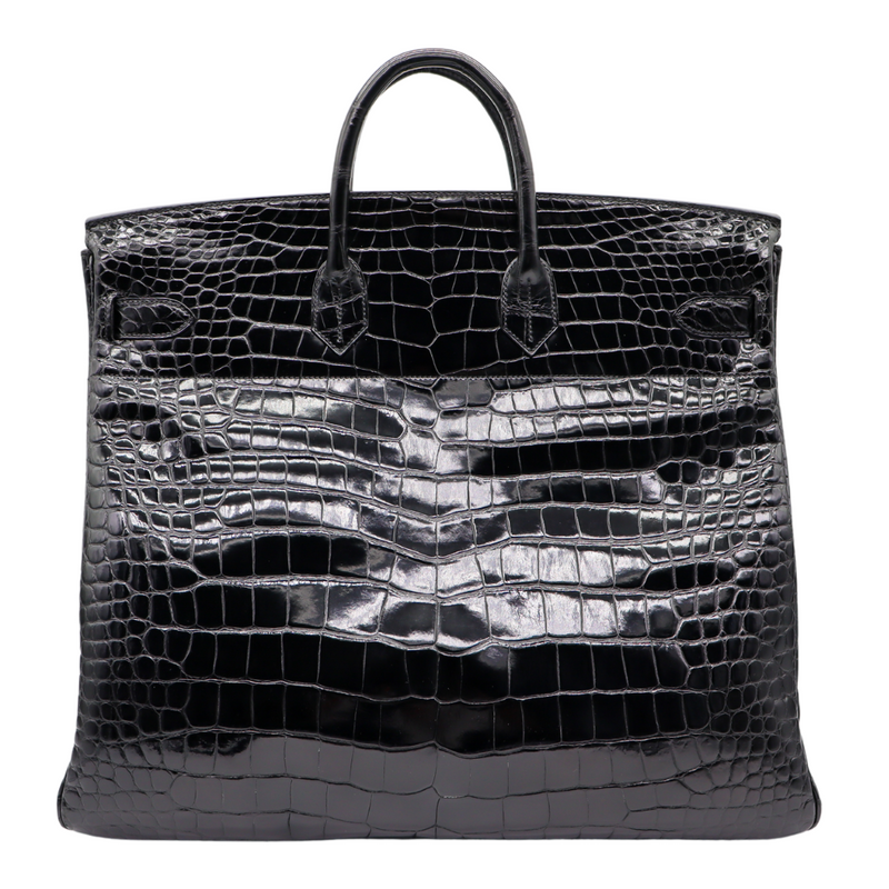 Hermès 50cm HAC Black Shiny Porosus Crocodile Palladium Hardware