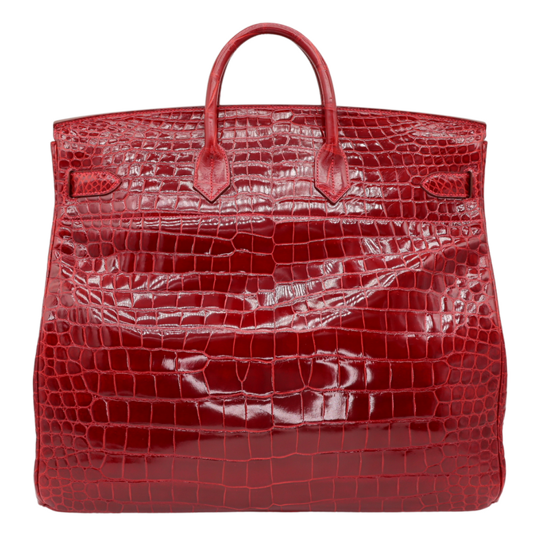 Hermès 50cm HAC Braise Shiny Porosus Crocodile Palladium Hardware