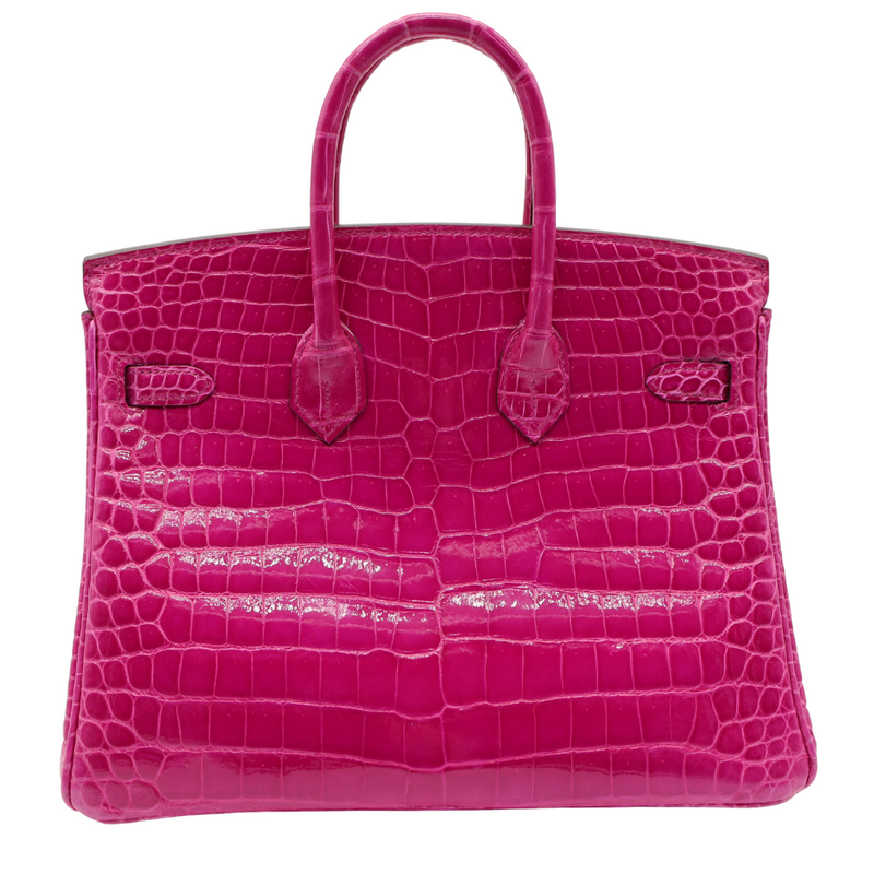 Hermès 25cm Birkin Rose Scheherazade Shiny Porosus Crocodile Palladium Hardware