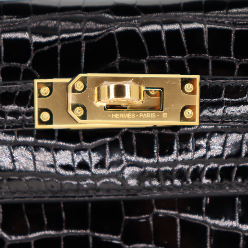 Hermès Kelly Pochette Black Shiny Porosus Crocodile Gold Hardware