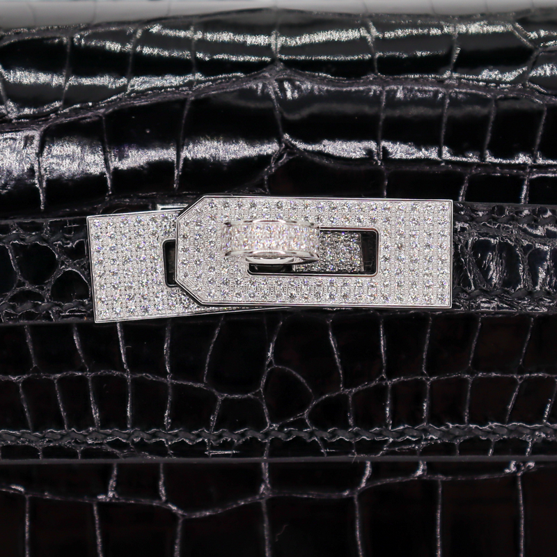 Hermès 25cm Kelly Sellier Black Shiny Porosus Crocodile Diamond Hardware