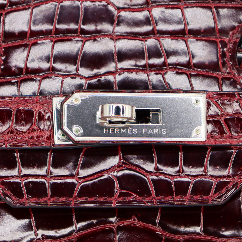 Hermès 35cm Birkin Bordeaux Shiny Porosus Crocodile Palladium Hardware