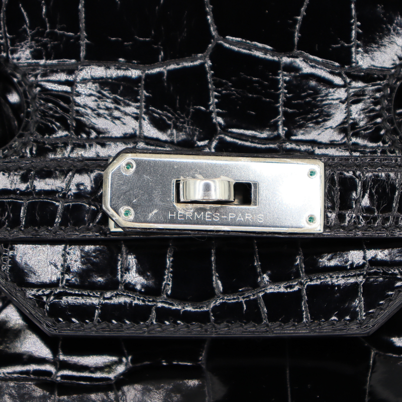 Hermès 35cm Birkin Black Shiny Porosus Crocodile Palladium Hardware