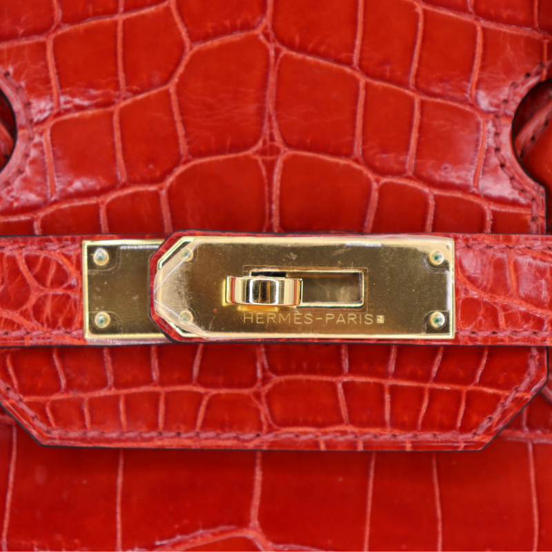 Hermès 30cm Birkin Braise Shiny Niloticus Crocodile Gold Hardware