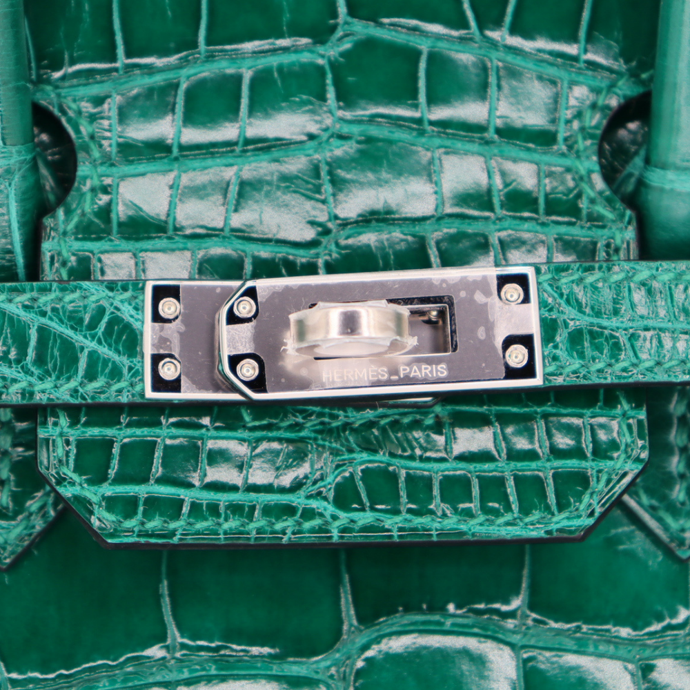Hermès 25cm Birkin Emerald Shiny Alligator Palladium Hardware