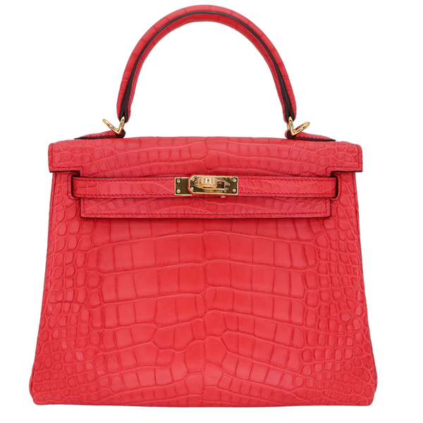 Hermès 25cm Kelly Retourne Bougainvillea Matte Alligator Gold Hardware