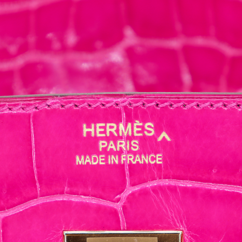 Hermès 35cm Birkin Rose Scheherazade Shiny Porosus Crocodile Gold Hardware