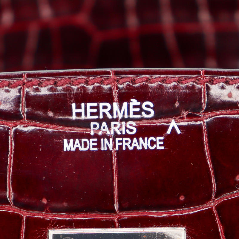 Hermès 35cm Birkin Bordeaux Shiny Porosus Crocodile Palladium Hardware