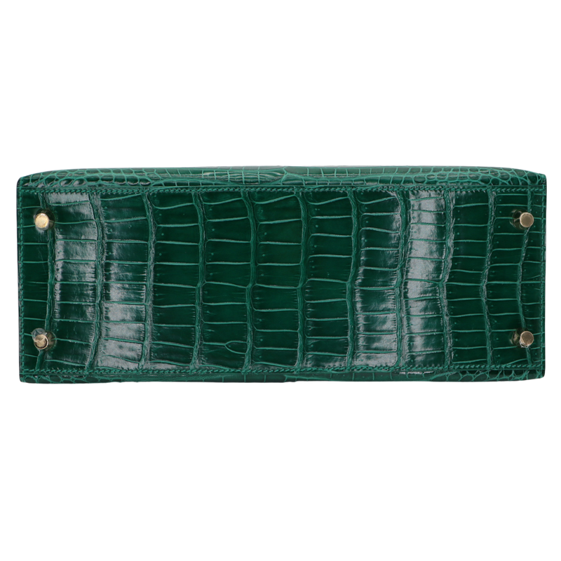 Hermès 28cm Kelly Sellier HSS Emerald Shiny Porosus Crocodile Brushed Gold Hardware