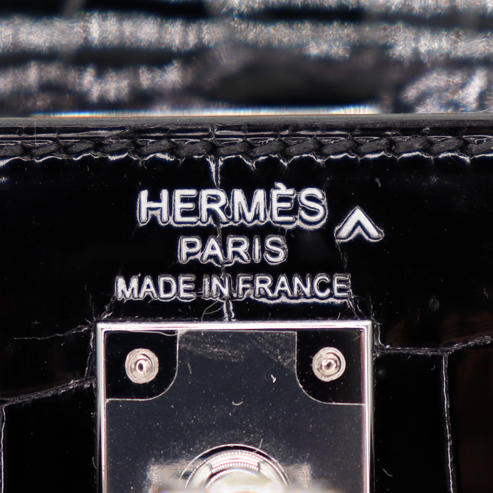 Hermès 25cm Kelly Sellier Black Shiny Porosus Crocodile Diamond