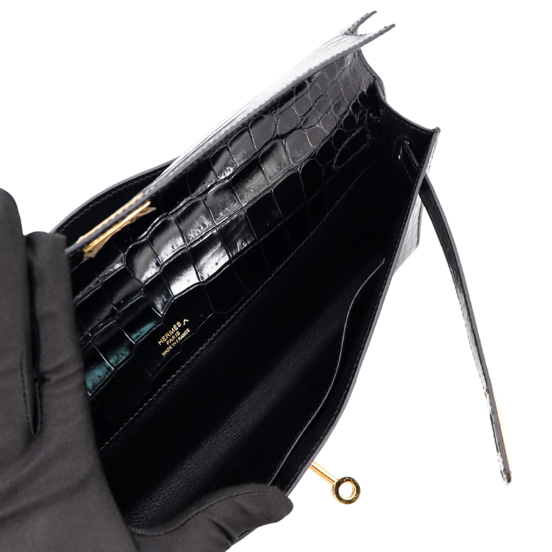 Hermès Kelly Cut Black Shiny Porosus Crocodile Gold Hardware