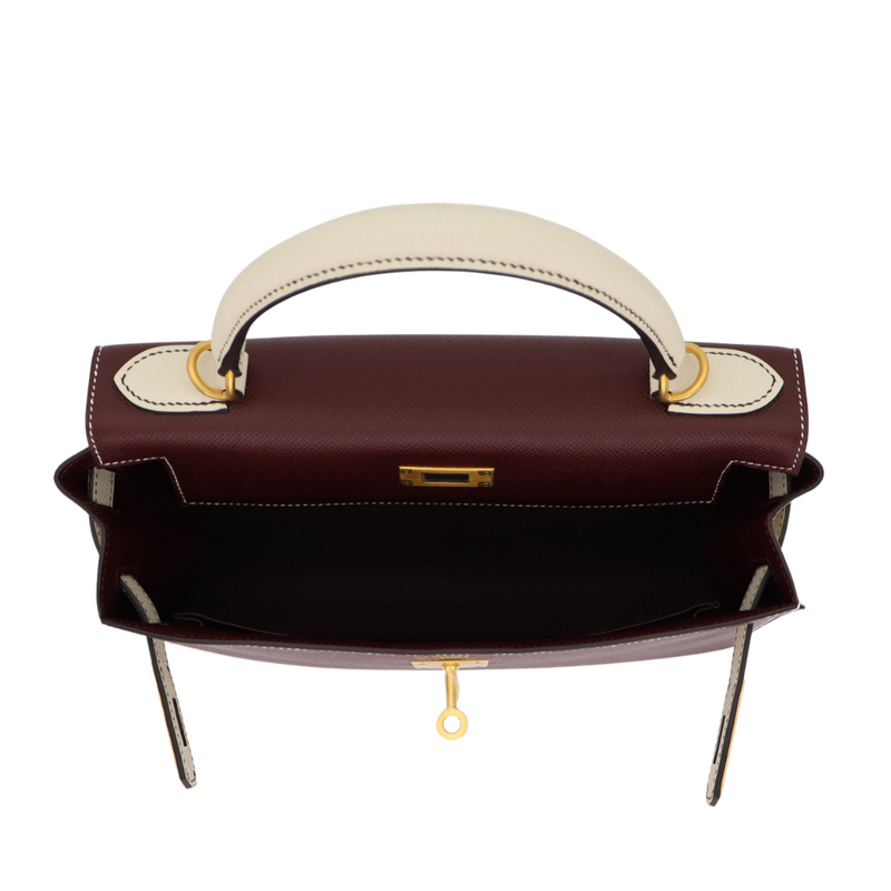 Hermès 28cm Kelly HSS Sellier Bordeaux/Craie Epsom Leather Brushed Gold Hardware