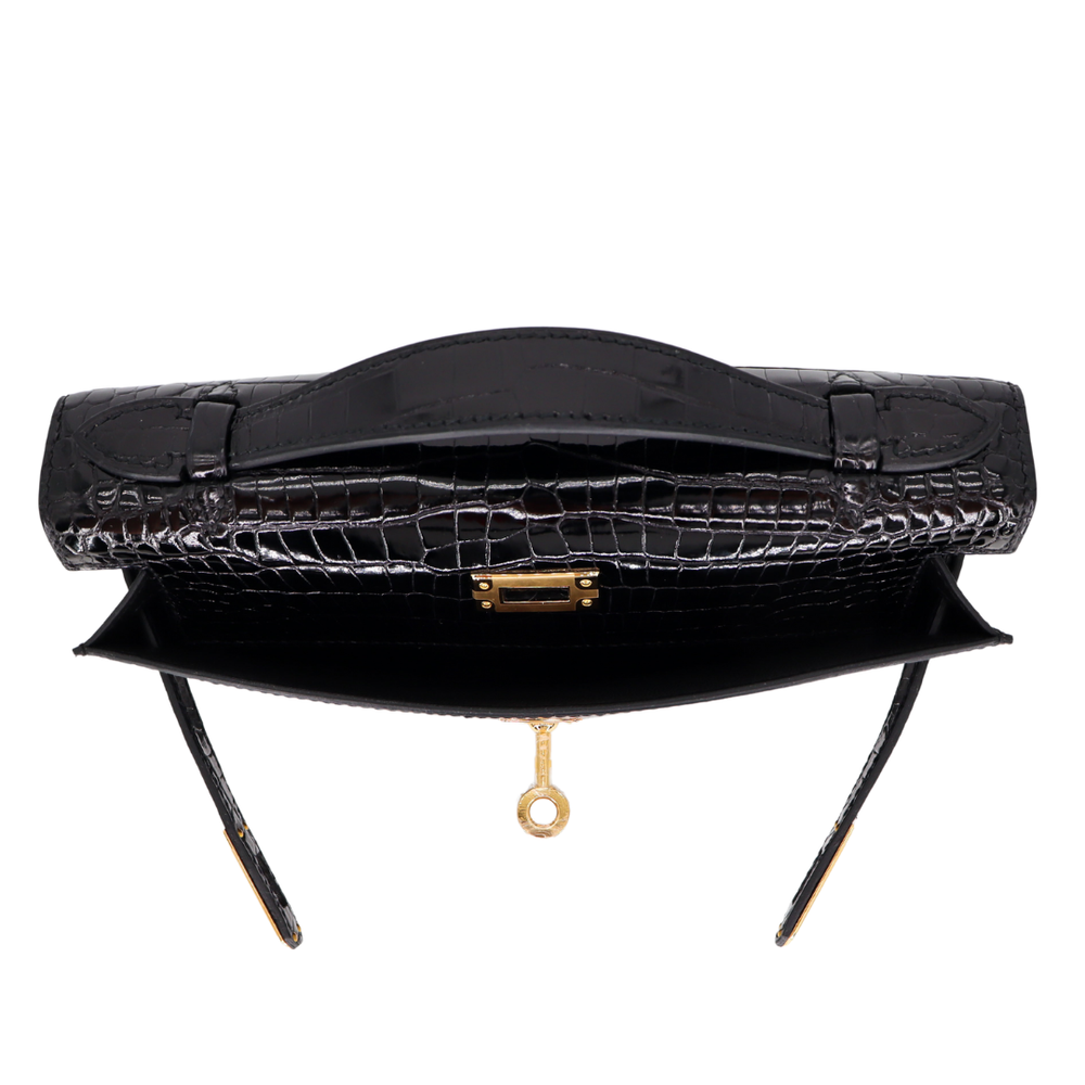 Hermès Kelly Pochette Black Shiny Porosus Crocodile Gold Hardware