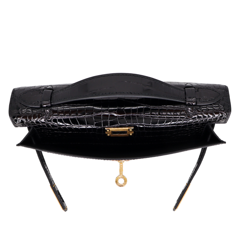 Hermès Kelly Pochette Black Shiny Porosus Crocodile Gold Hardware
