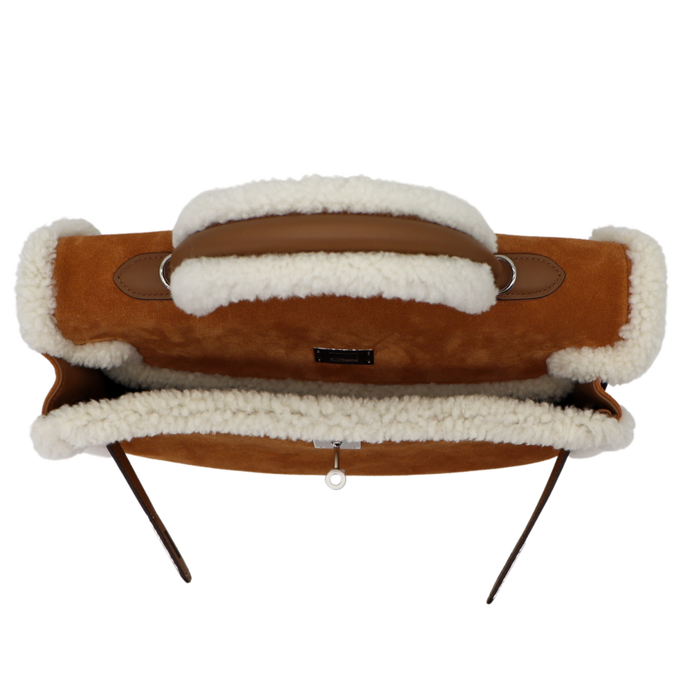 Hermès 35cm Kelly Teddy Shearling Chamois/Ecru/Alezan Suede