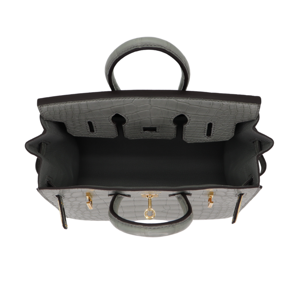 Hermès 20cm Birkin Sellier Gris Cement Matte Alligator Gold Hermès 20cm Birkin Sellier Gris Cement Matte Alligator Gold