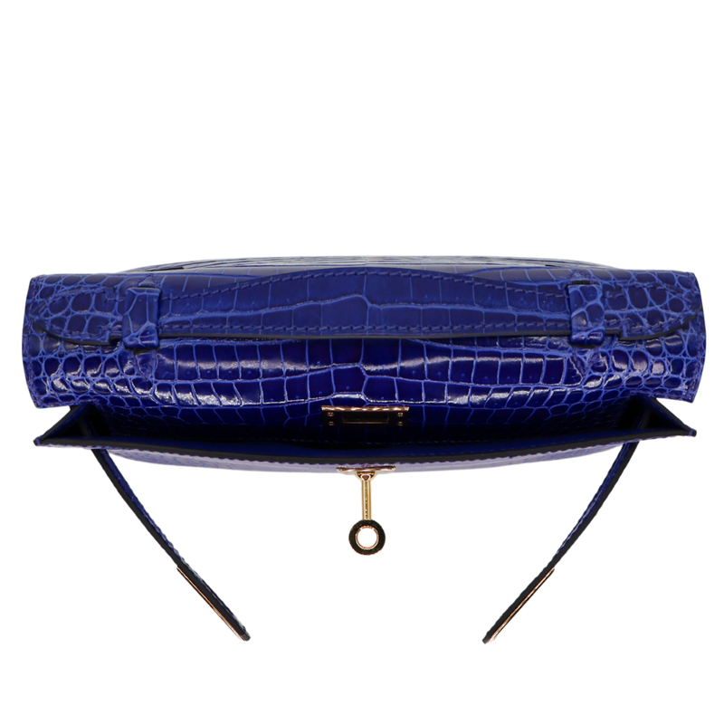 Hermès Kelly Pochette Bleu Electrique Shiny Porosus Crocodile Gold Hardware