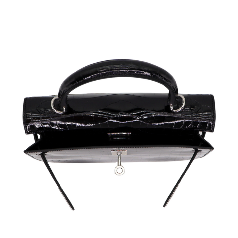 Hermès 25cm Kelly Sellier Black Shiny Niloticus Crocodile Palladium Hardware