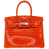 Hermès 30cm Birkin Orange Shiny Porosus Crocodile Palladium Hardware