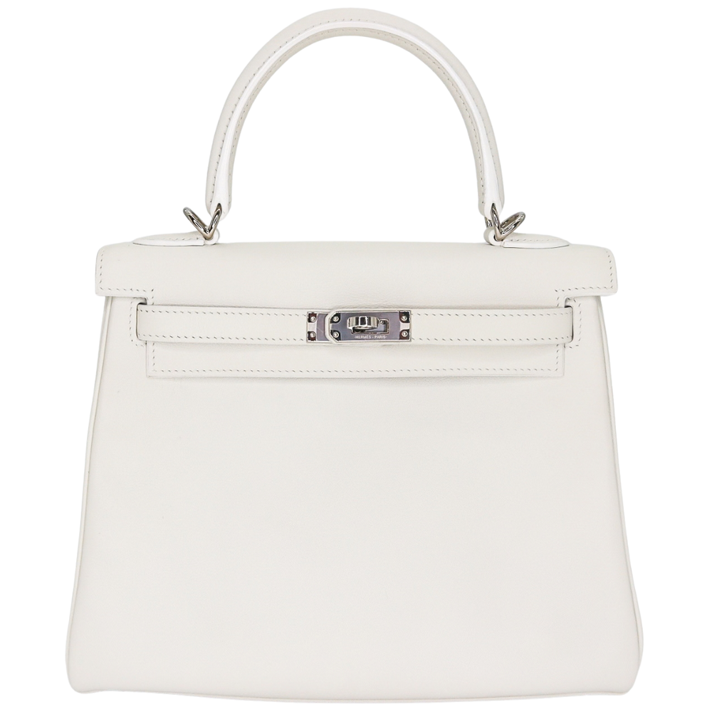 Hermès 25cm Kelly Retourne White Swift Leather Palladium Hardware