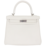 Hermès 25cm Kelly Retourne White Swift Leather Palladium Hardware