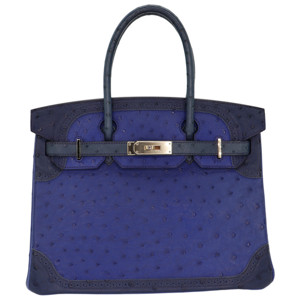 Hermès 30cm Birkin Ghillies Bleu Roi Ostrich Permabrass Hardware