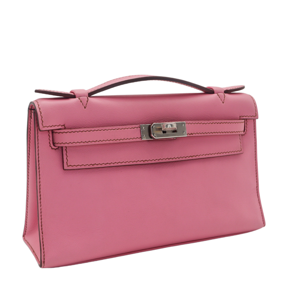 HERMES ノベルティピンク レザー ハンドバッグ Hermès Kelly Pochette Bubblegum Swift Leather Palladium Hardware