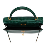 Hermès 28cm Kelly Sellier HSS Emerald Shiny Porosus Crocodile Brushed Gold Hardware